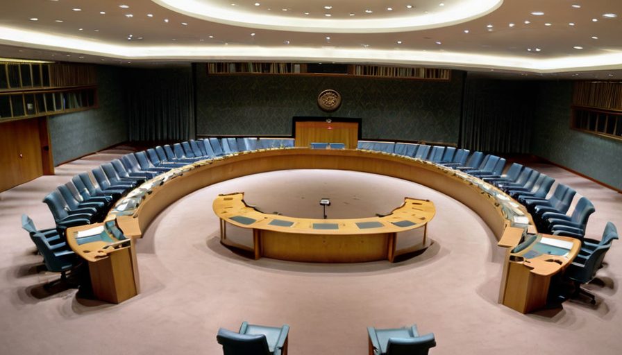 Sala del Consejo de Seguridad de la ONU vacía, iluminación dramática, sillas vacías