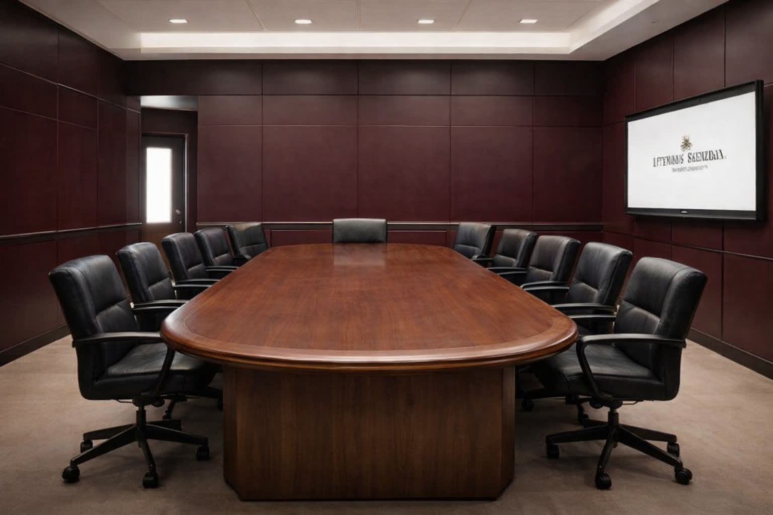Sala de reuniones con sillas vacías y expedientes sobre mesa institucional