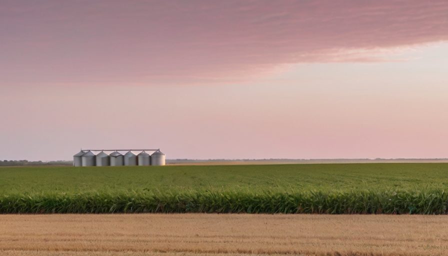 Silos de granos y tractor en campo argentino al amanecer, luz dramática